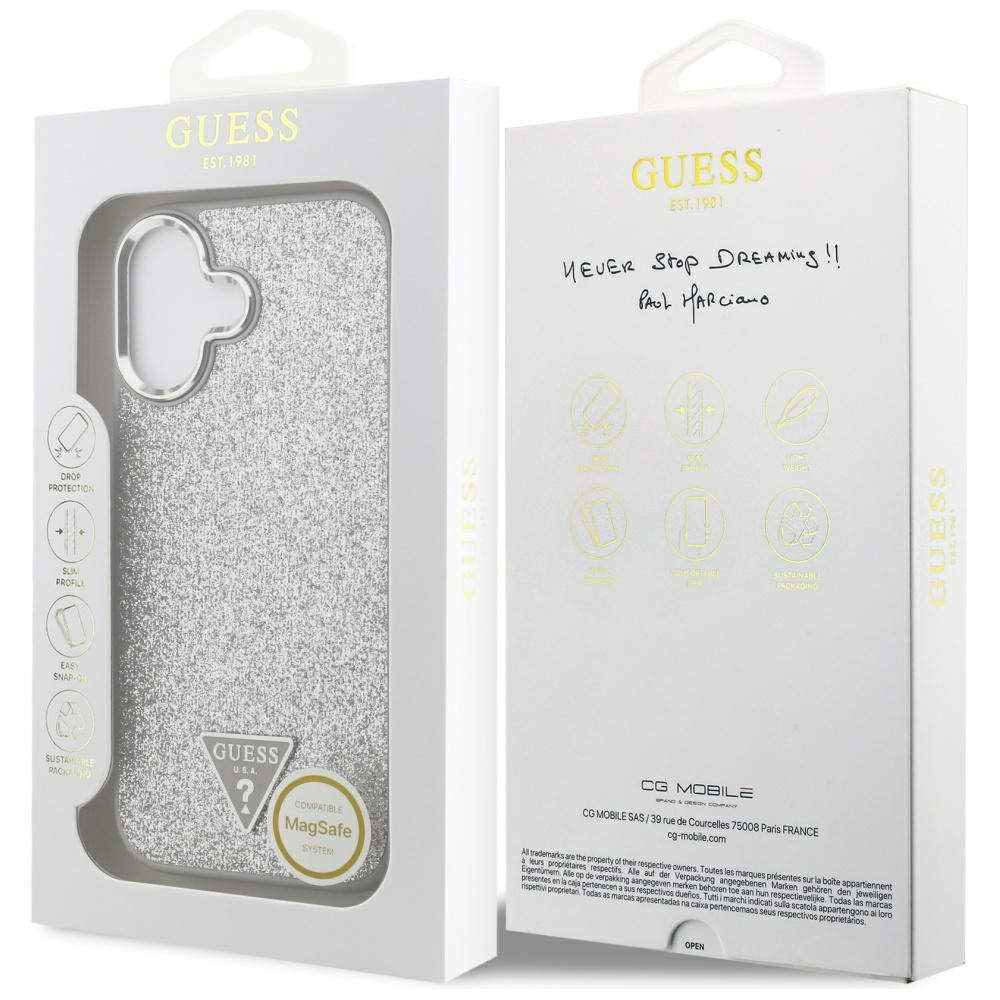 Capa MagSafe para Apple iPhone 17, Guess, Glitter Triangle Logo, Prateada