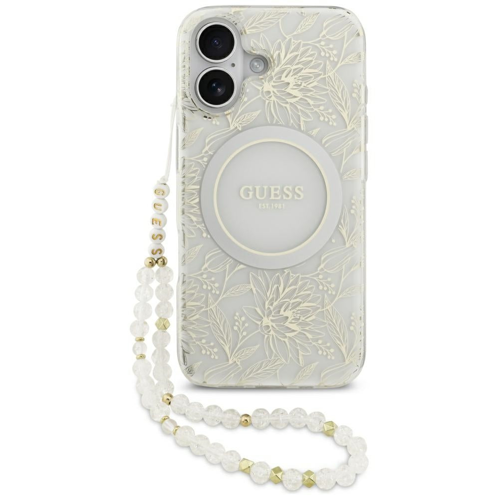 Capa MagSafe para Apple iPhone 17, Guess, IML Flowers with Pearl Strap, Branca