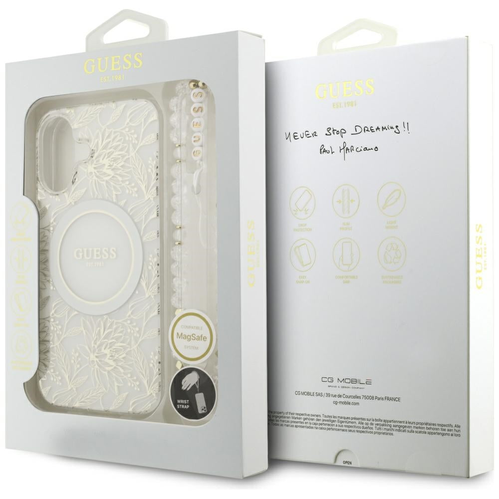 Capa MagSafe para Apple iPhone 17, Guess, IML Flowers with Pearl Strap, Branca