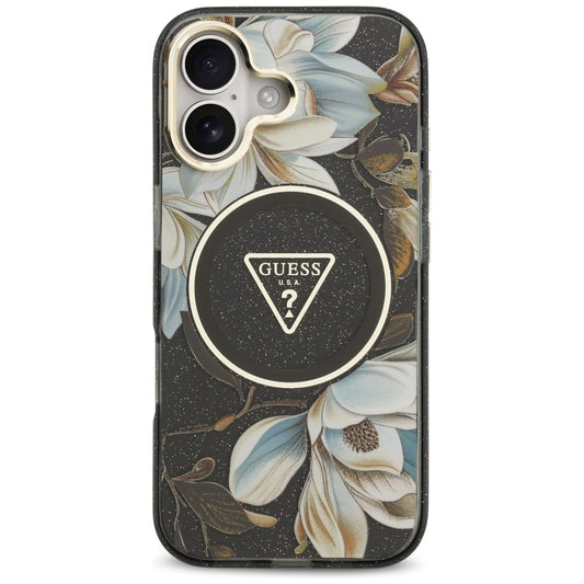 Capa MagSafe para Apple iPhone 17, Guess, IML Metal Glitter Flowers Triangle, Preta