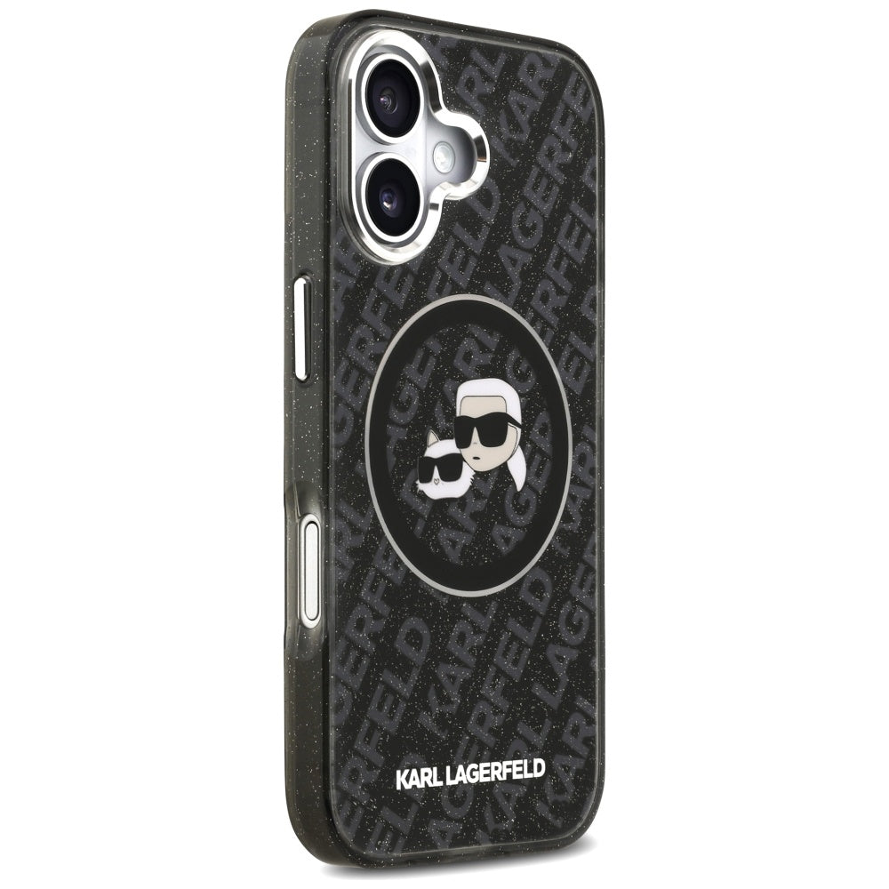Capa MagSafe para Apple iPhone 17, Karl Lagerfeld, Glitter Karl & Choupette Head, Preta