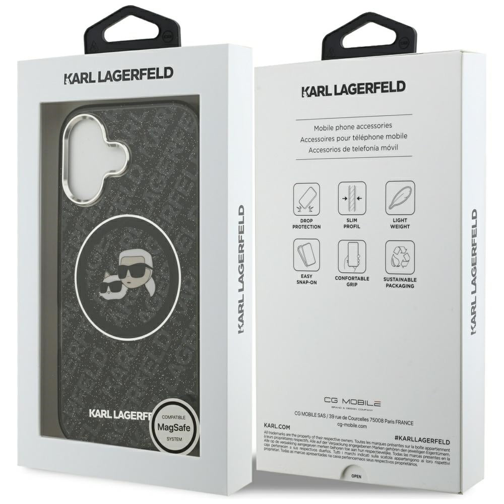 Capa MagSafe para Apple iPhone 17, Karl Lagerfeld, Glitter Karl & Choupette Head, Preta