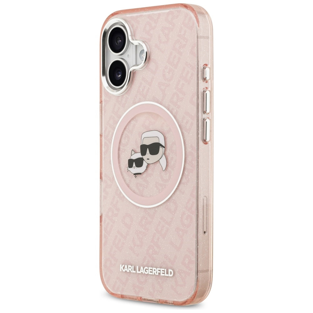 Capa MagSafe para Apple iPhone 17, Karl Lagerfeld, IML Glitter Karl & Choupette's Heads, Rosa