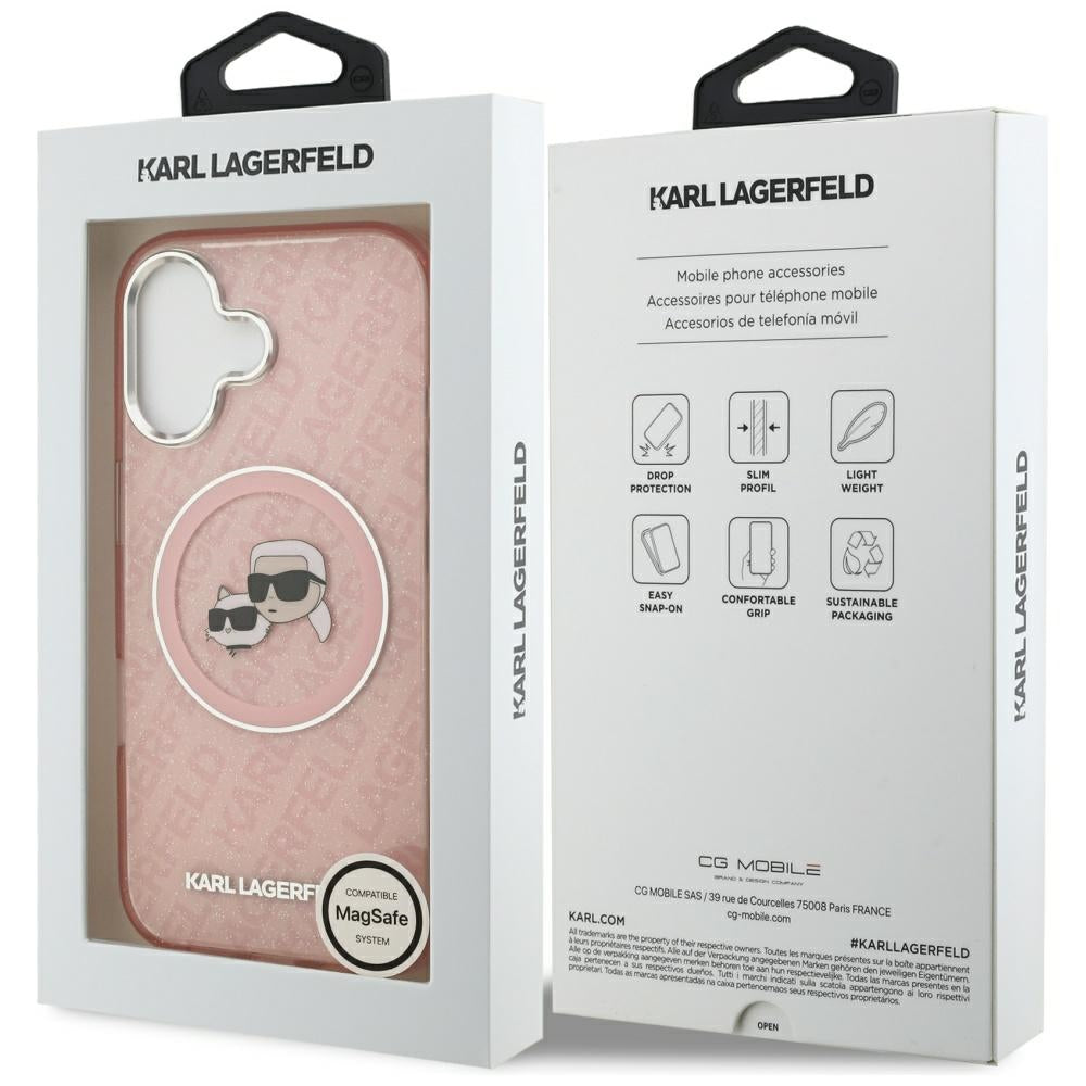Capa MagSafe para Apple iPhone 17, Karl Lagerfeld, IML Glitter Karl & Choupette's Heads, Rosa
