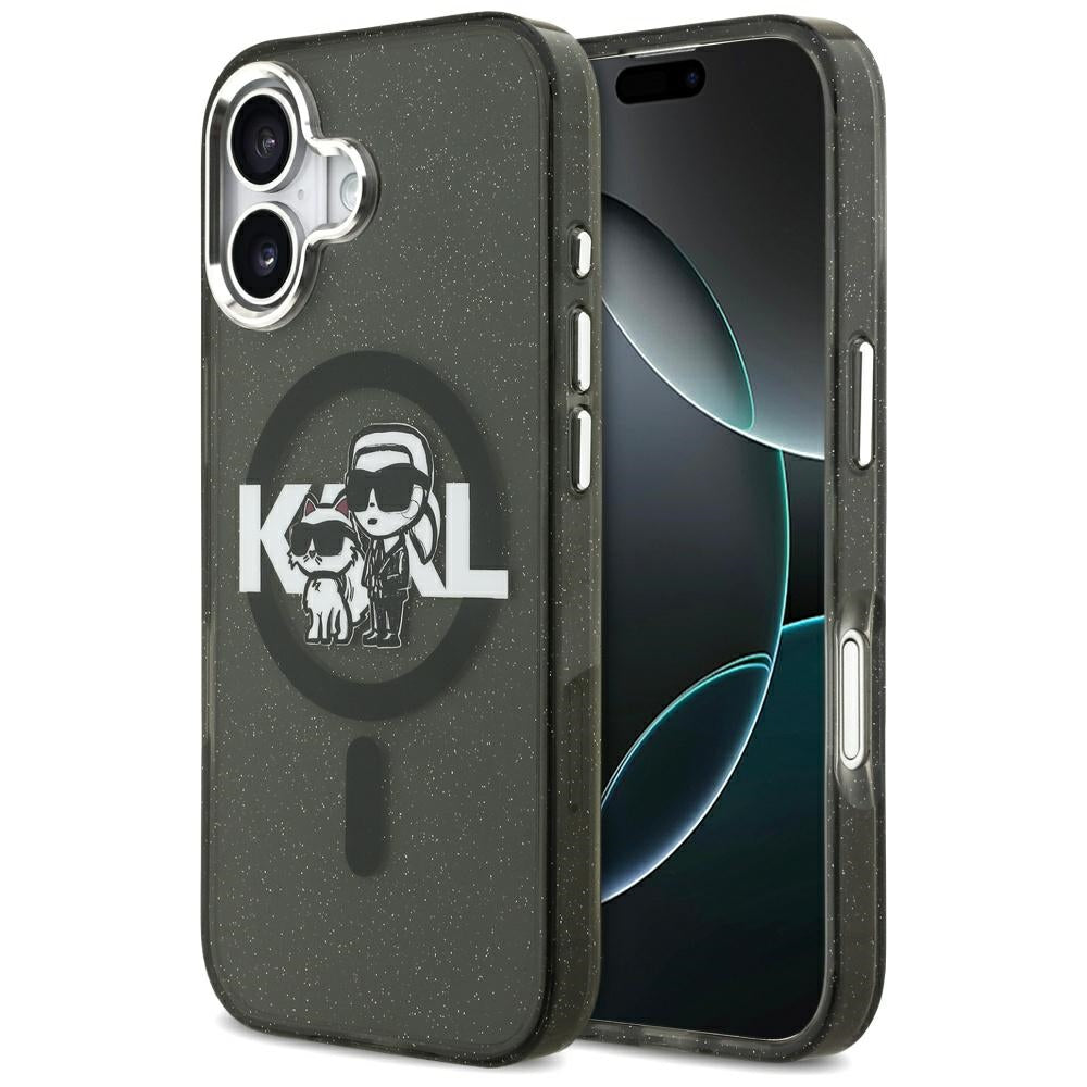Capa MagSafe para Apple iPhone 17, Karl Lagerfeld, IML Sketch Logo Glitter Karl & Choupette, Preta.