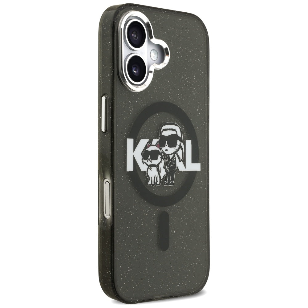 Capa MagSafe para Apple iPhone 17, Karl Lagerfeld, IML Sketch Logo Glitter Karl & Choupette, Preta.