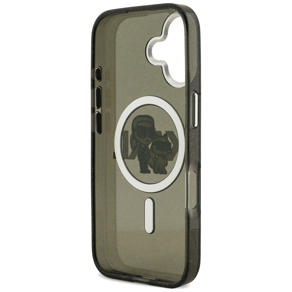 Capa MagSafe para Apple iPhone 17, Karl Lagerfeld, IML Sketch Logo Glitter Karl & Choupette, Preta.