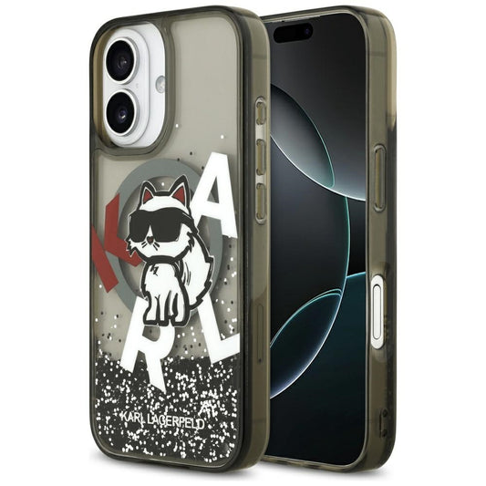 Capa MagSafe para Apple iPhone 17, Karl Lagerfeld, Liquid Glitter Logo Choupette, Preta