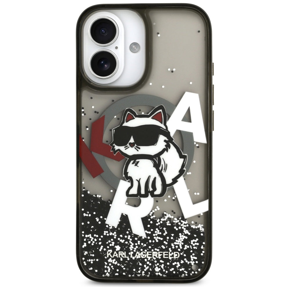 Capa MagSafe para Apple iPhone 17, Karl Lagerfeld, Liquid Glitter Logo Choupette, Preta