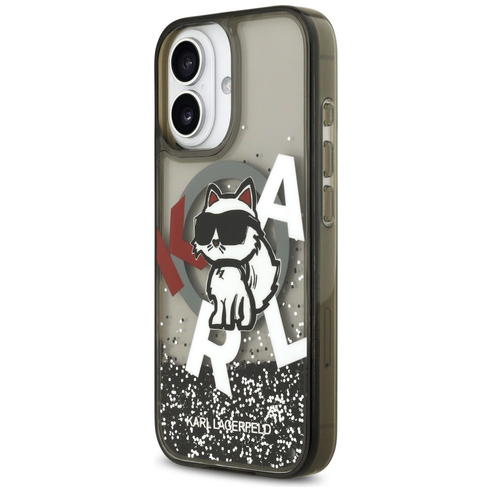 Capa MagSafe para Apple iPhone 17, Karl Lagerfeld, Liquid Glitter Logo Choupette, Preta