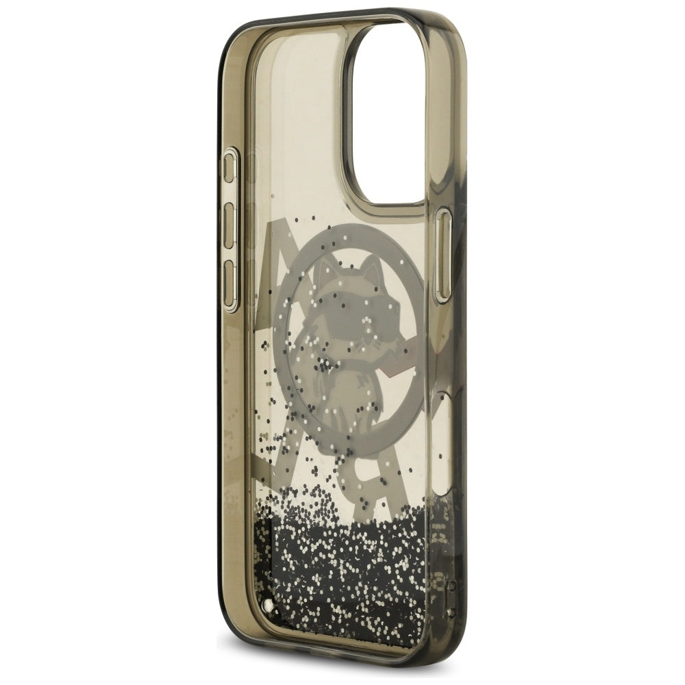 Capa MagSafe para Apple iPhone 17, Karl Lagerfeld, Liquid Glitter Logo Choupette, Preta