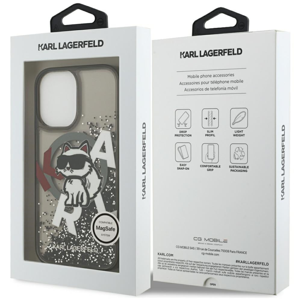 Capa MagSafe para Apple iPhone 17, Karl Lagerfeld, Liquid Glitter Logo Choupette, Preta