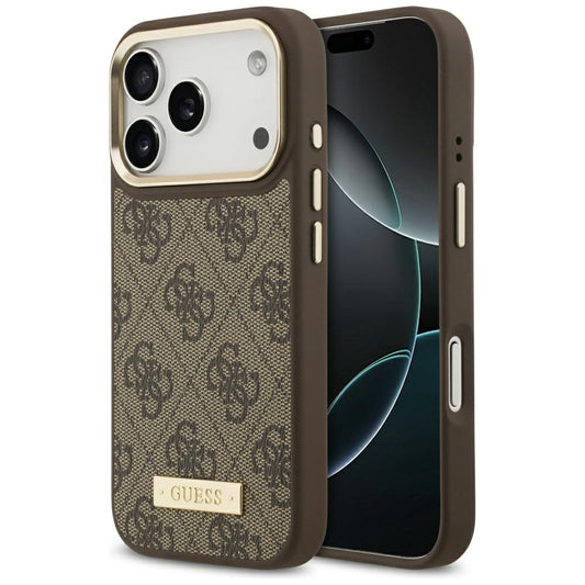 Capa MagSafe para Apple iPhone 17 Pro, Guess, 4G Logo Plate, Castanho