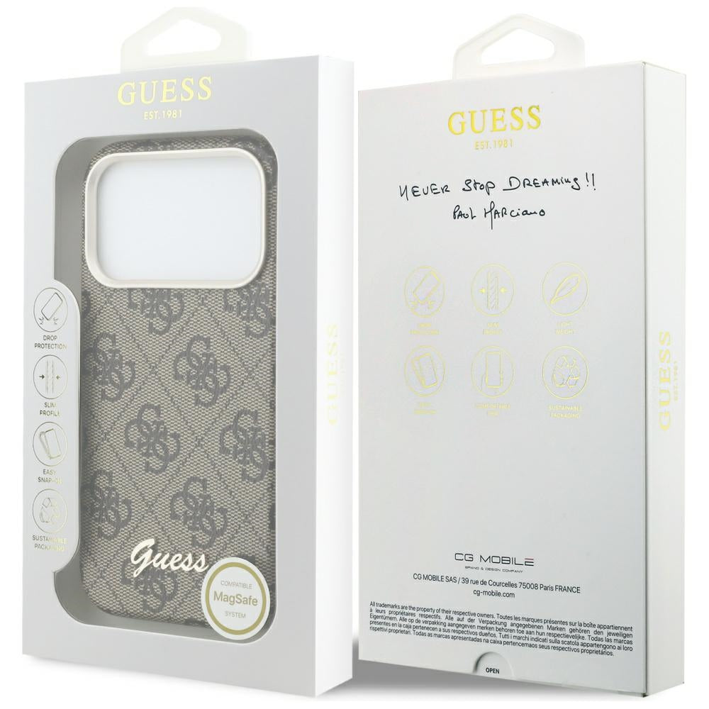 Capa MagSafe para Apple iPhone 17 Pro, Guess, 4G Script Logo, Castanho