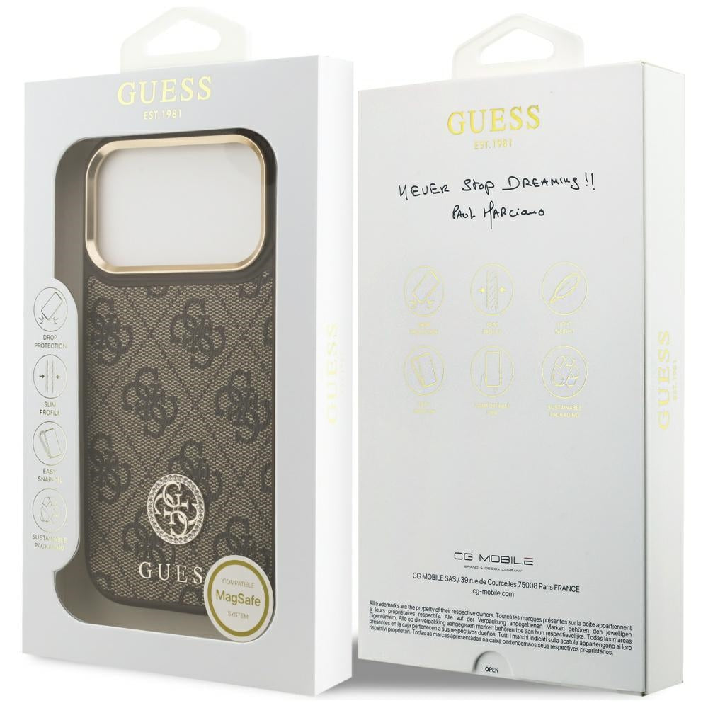 Capa MagSafe para Apple iPhone 17 Pro, Guess, Logo Strass 4G, Marrom