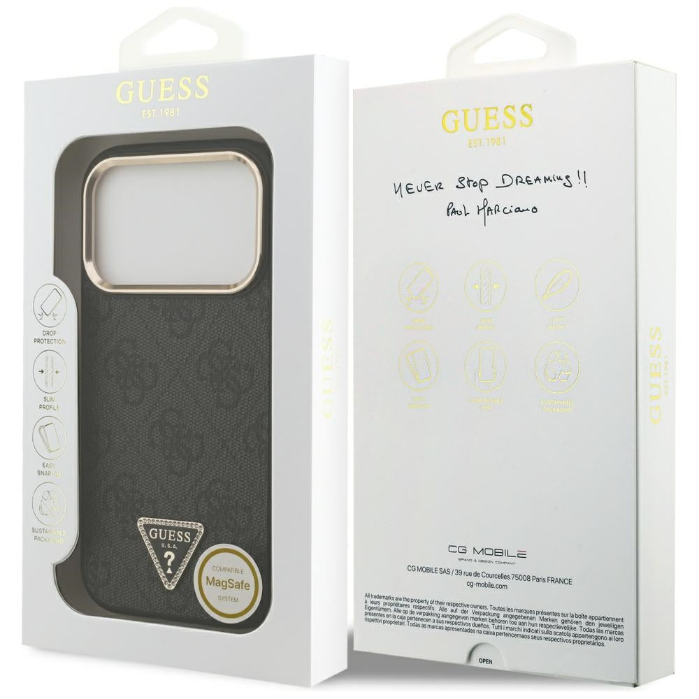 Capa MagSafe para Apple iPhone 17 Pro, Guess, Logo Triângulo 4G, Preta Dourada