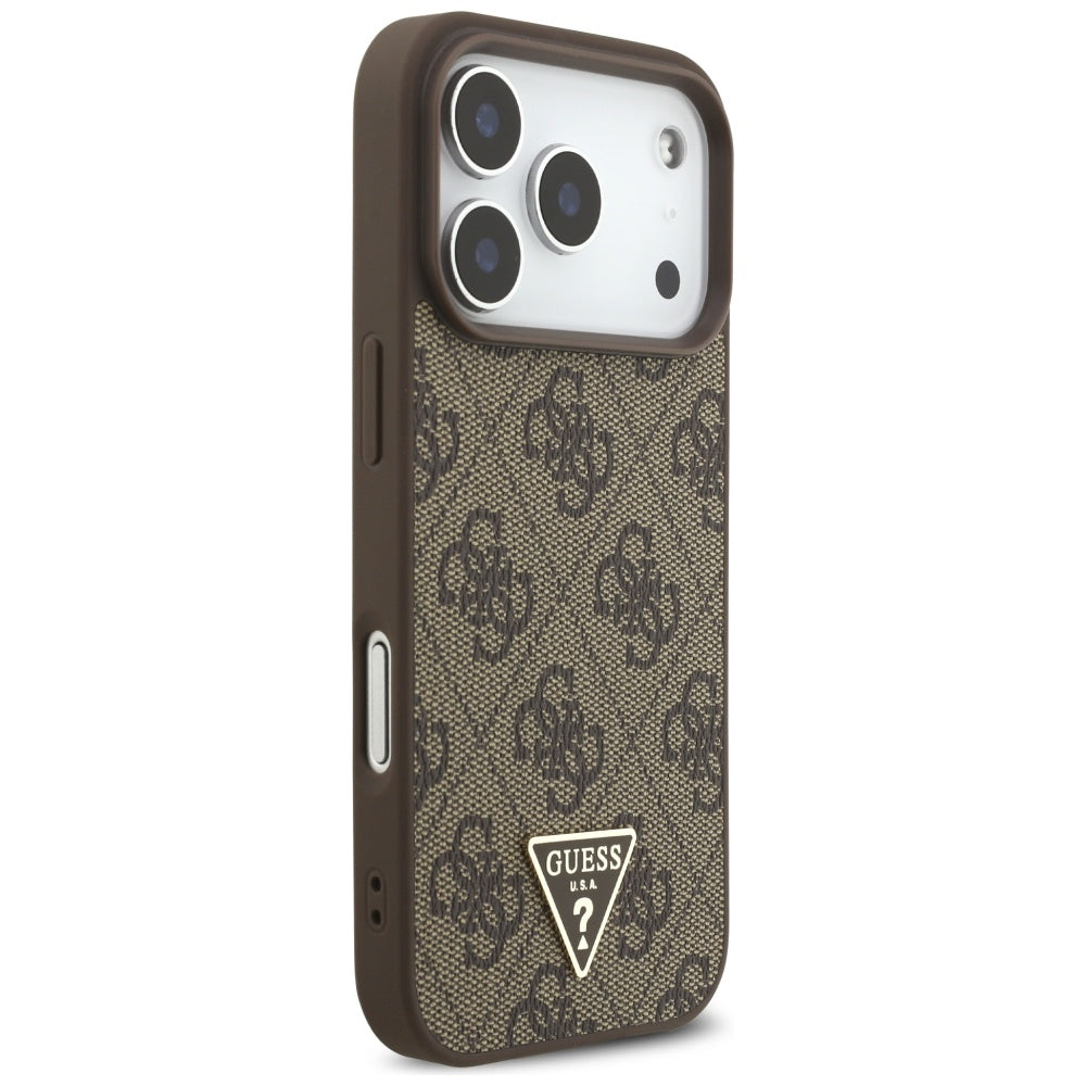 Capa MagSafe para Apple iPhone 17 Pro, Guess, Logo Triângulo 4G com Alça de Pérola, Marrom