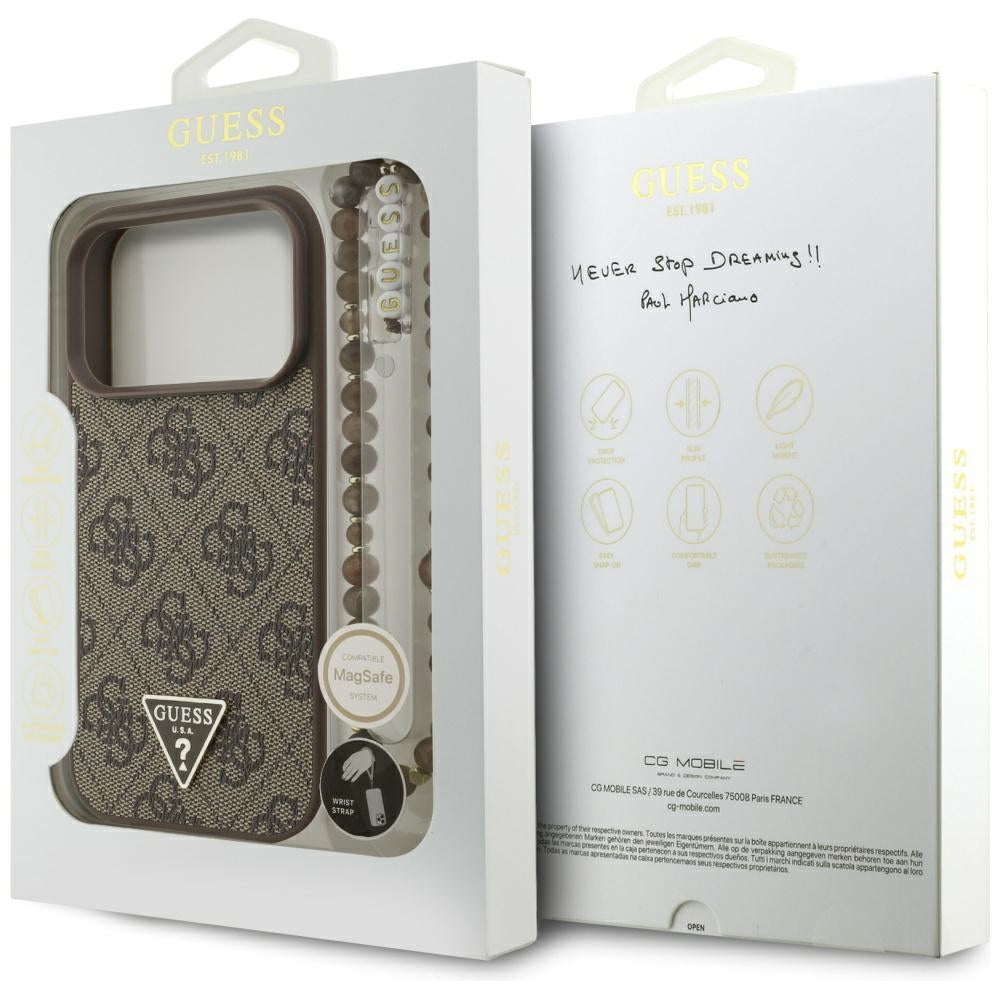Capa MagSafe para Apple iPhone 17 Pro, Guess, Logo Triângulo 4G com Alça de Pérola, Marrom