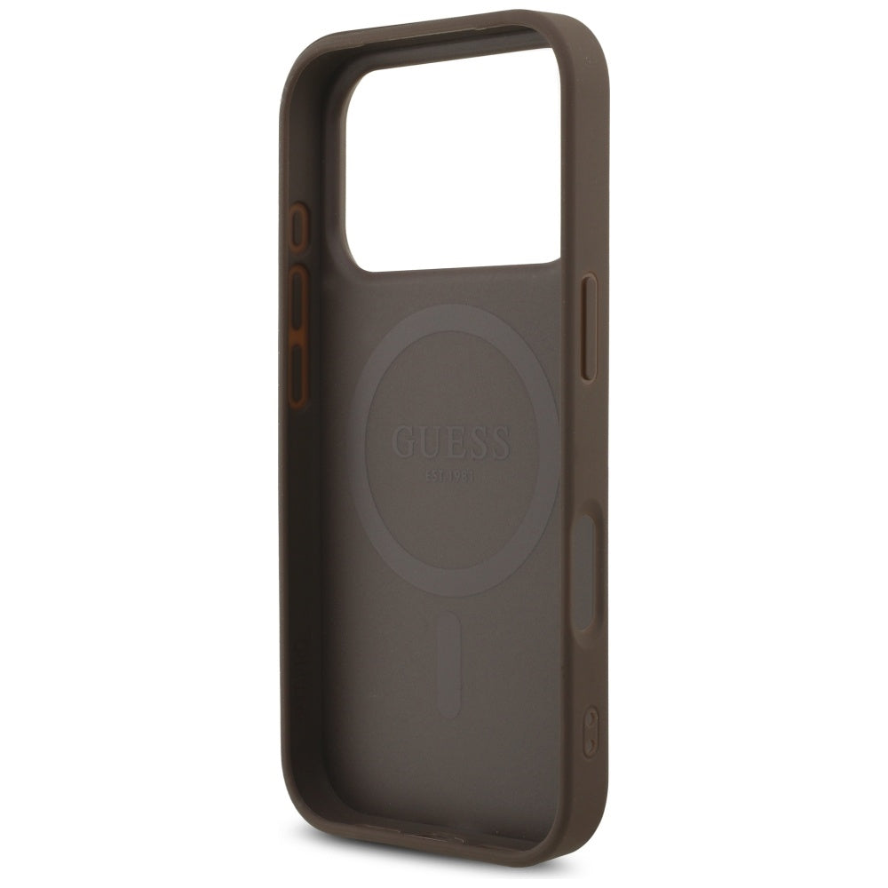 Capa MagSafe para Apple iPhone 17 Pro, Guess, Logo Triângulo 4G com Alça de Pérola, Marrom