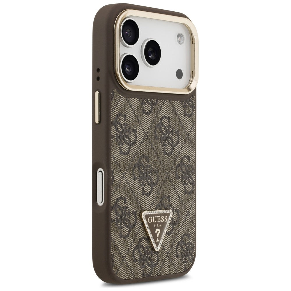Capa MagSafe para Apple iPhone 17 Pro, Guess, Logo Triângulo 4G com Suporte para Câmara, Dourado Marrom