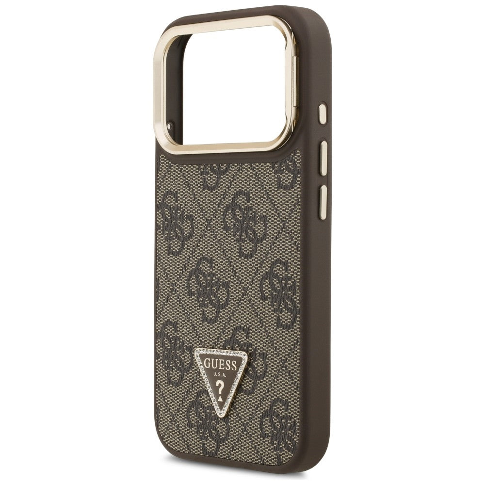 Capa MagSafe para Apple iPhone 17 Pro, Guess, Logo Triângulo 4G com Suporte para Câmara, Dourado Marrom