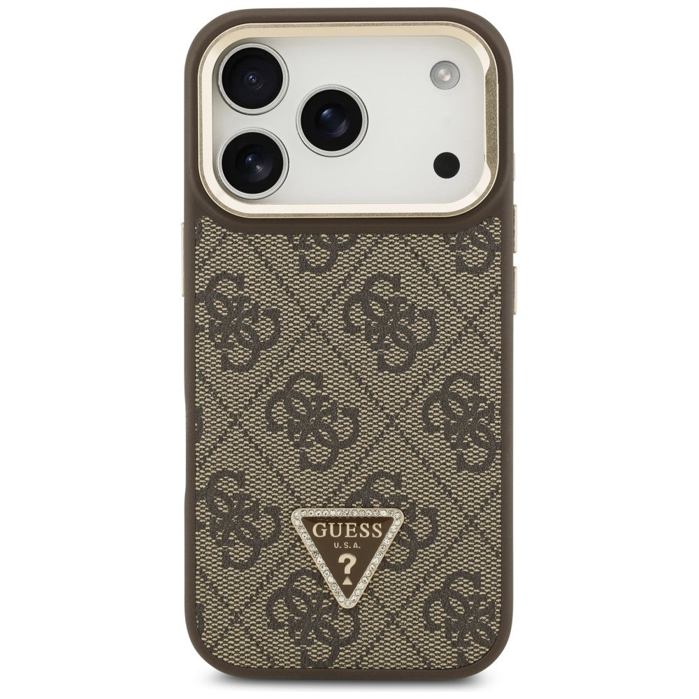 Capa MagSafe para Apple iPhone 17 Pro, Guess, Logo Triângulo 4G com Suporte para Câmara, Dourado Marrom