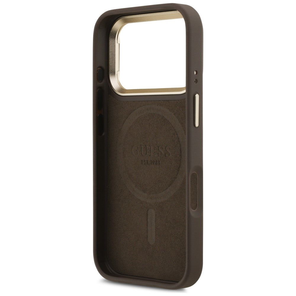 Capa MagSafe para Apple iPhone 17 Pro, Guess, Logo Triângulo 4G com Suporte para Câmara, Dourado Marrom