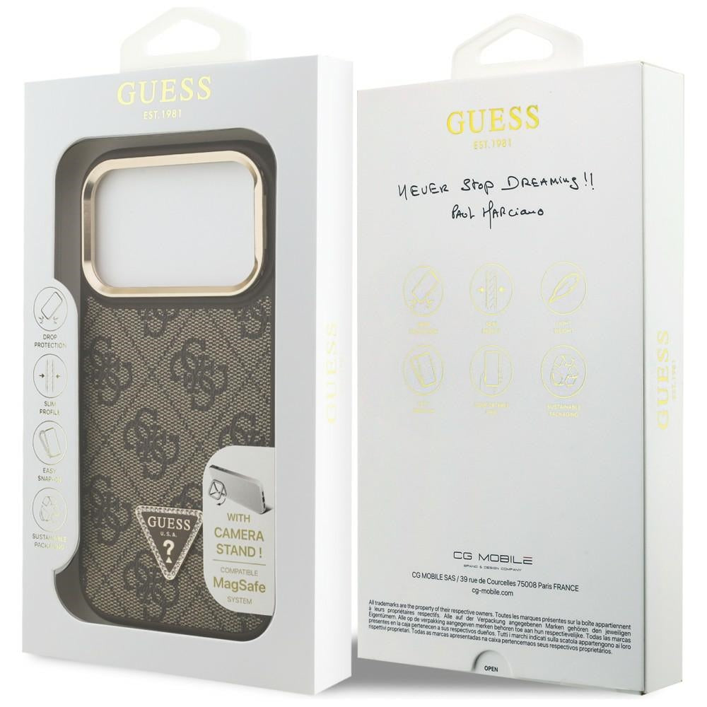 Capa MagSafe para Apple iPhone 17 Pro, Guess, Logo Triângulo 4G com Suporte para Câmara, Dourado Marrom