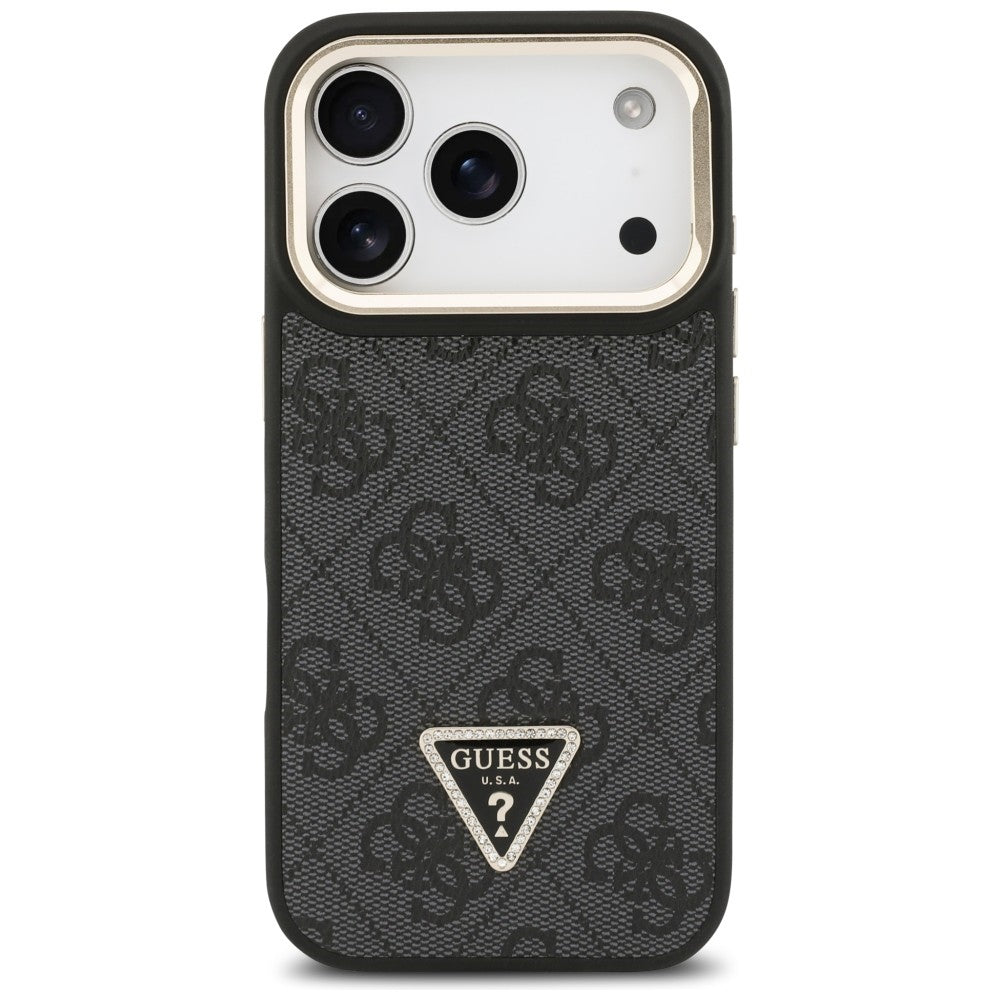 Capa MagSafe para Apple iPhone 17 Pro, Guess, Logo Triângulo 4G com Suporte para Câmera, Preta Dourada