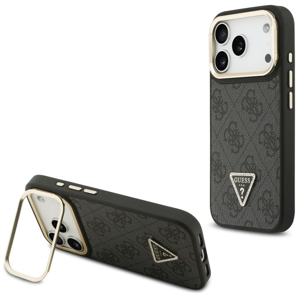 Capa MagSafe para Apple iPhone 17 Pro, Guess, Logo Triângulo 4G com Suporte para Câmera, Preta Dourada