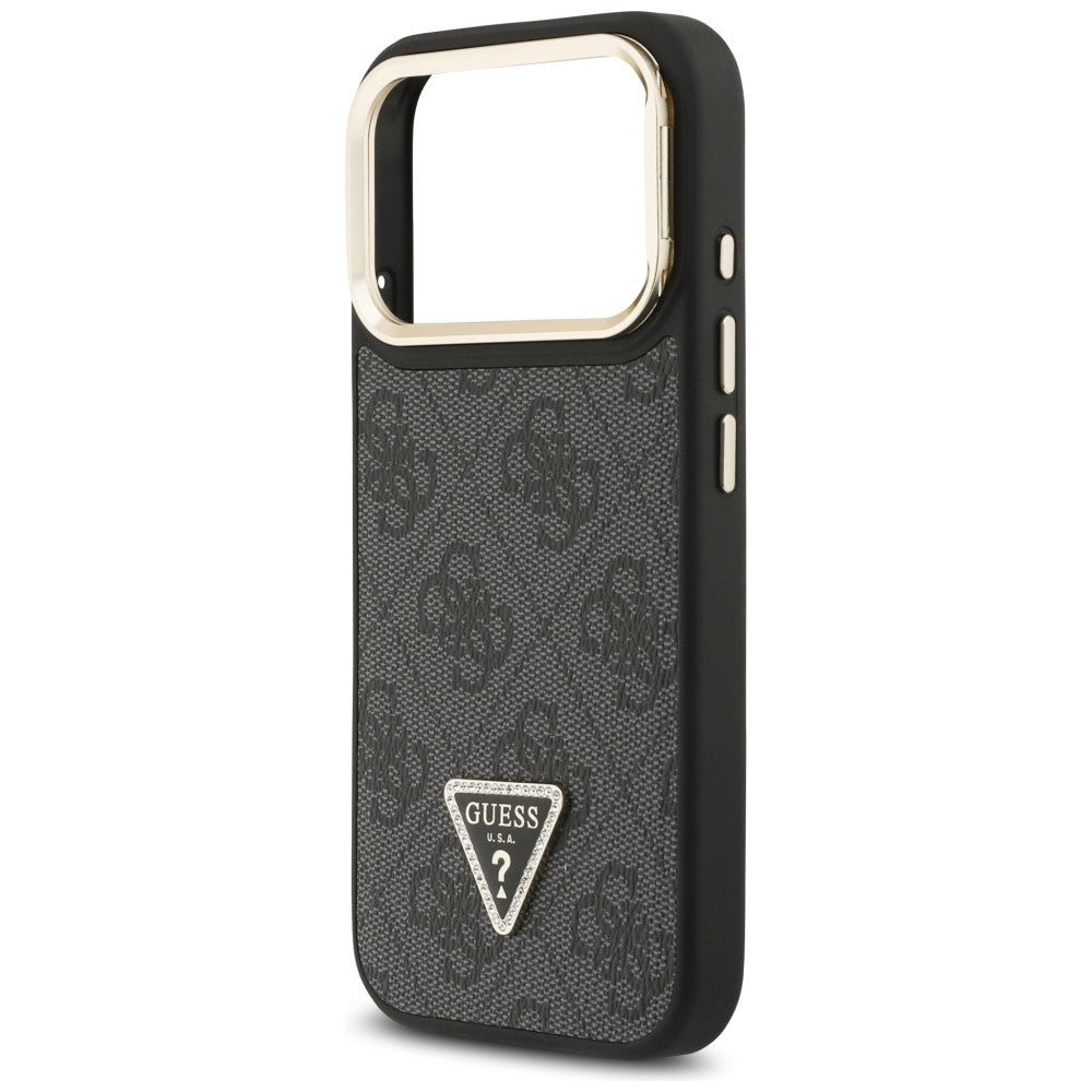 Capa MagSafe para Apple iPhone 17 Pro, Guess, Logo Triângulo 4G com Suporte para Câmera, Preta Dourada