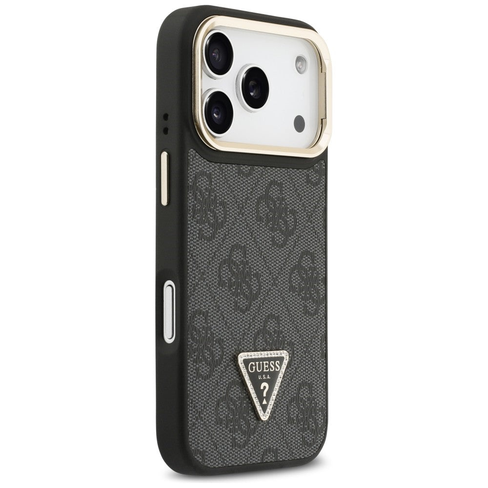 Capa MagSafe para Apple iPhone 17 Pro, Guess, Logo Triângulo 4G com Suporte para Câmera, Preta Dourada