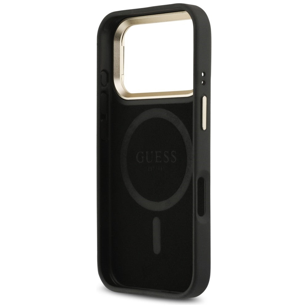 Capa MagSafe para Apple iPhone 17 Pro, Guess, Logo Triângulo 4G com Suporte para Câmera, Preta Dourada