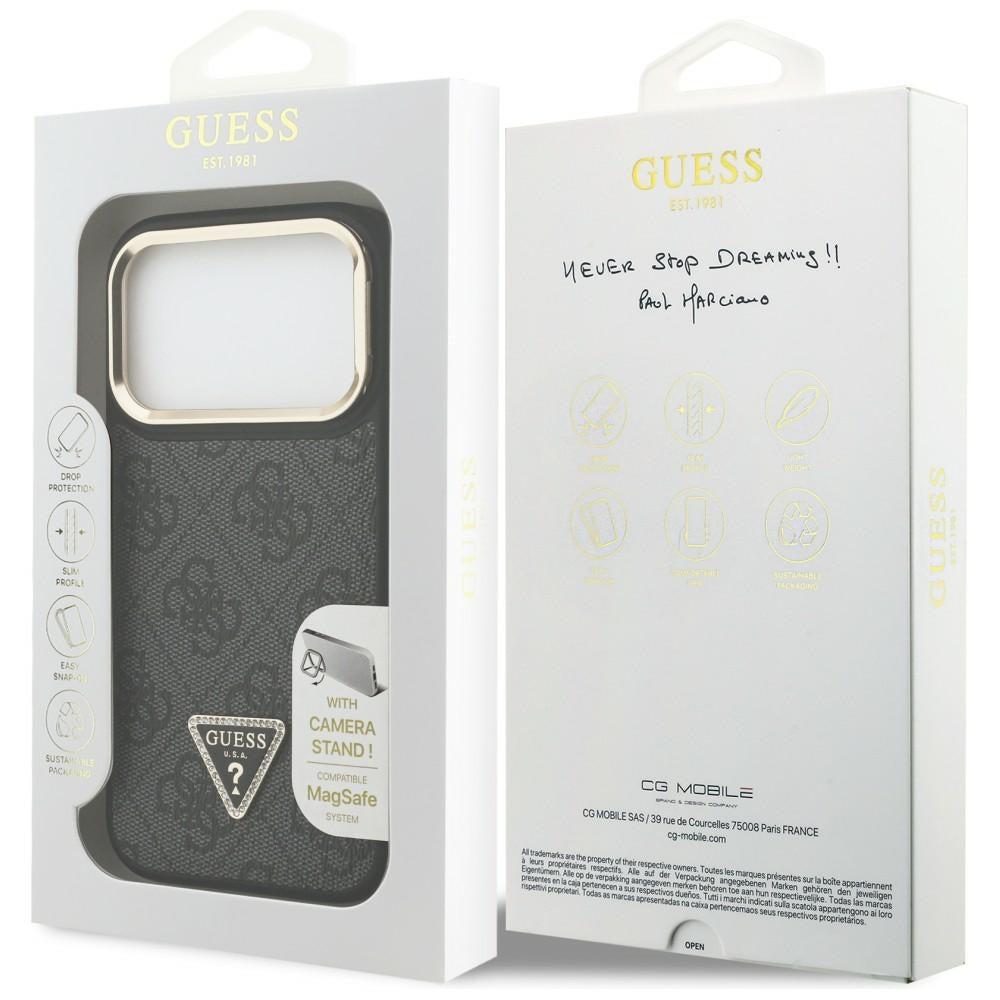 Capa MagSafe para Apple iPhone 17 Pro, Guess, Logo Triângulo 4G com Suporte para Câmera, Preta Dourada