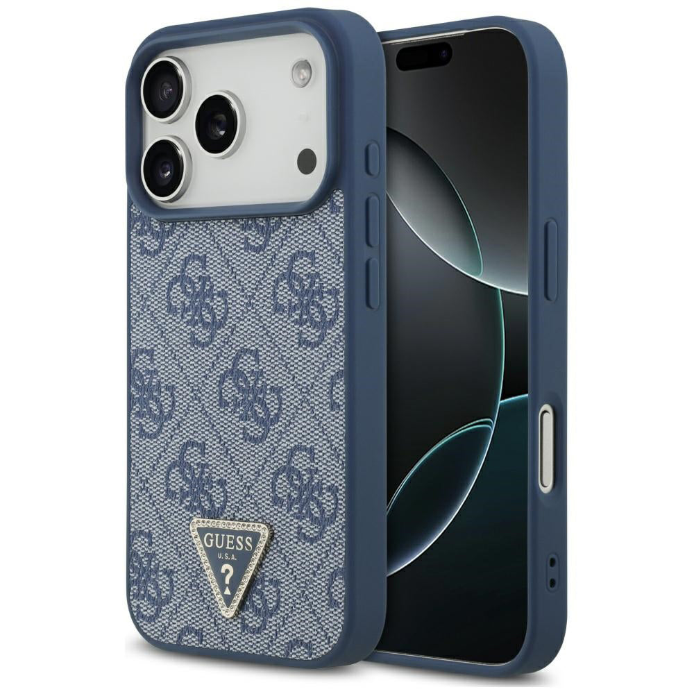 Capa MagSafe para Apple iPhone 17 Pro, Guess, 4G Triangle Strass, Azul