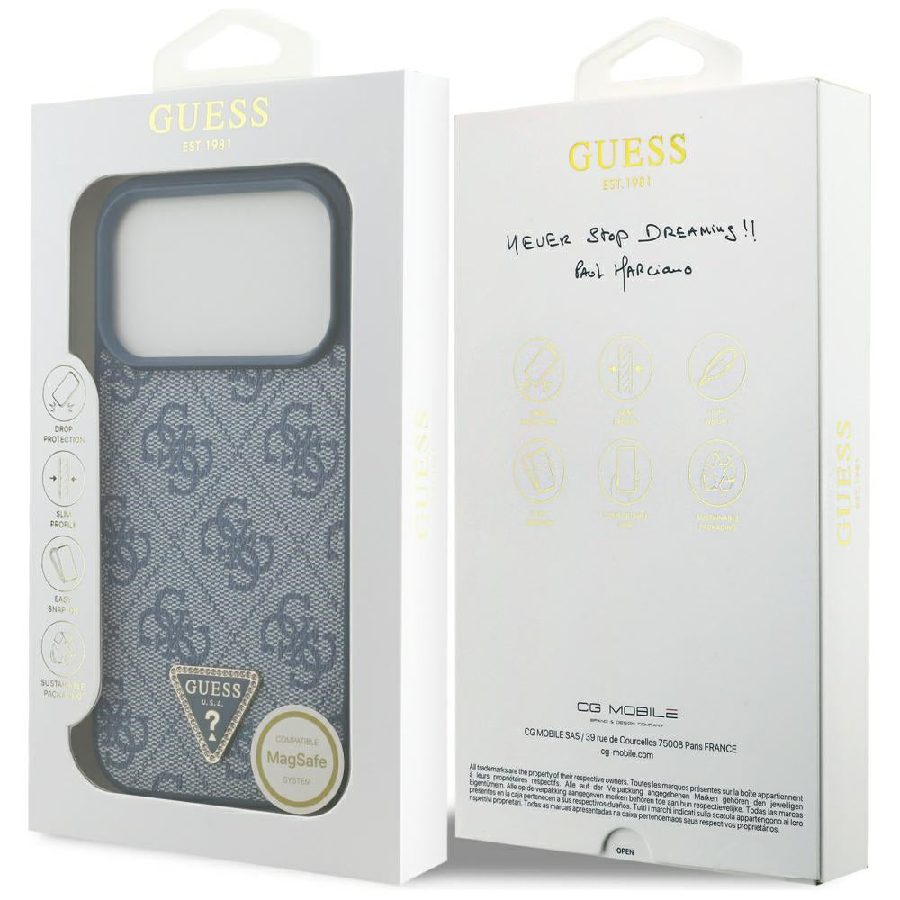 Capa MagSafe para Apple iPhone 17 Pro, Guess, 4G Triangle Strass, Azul