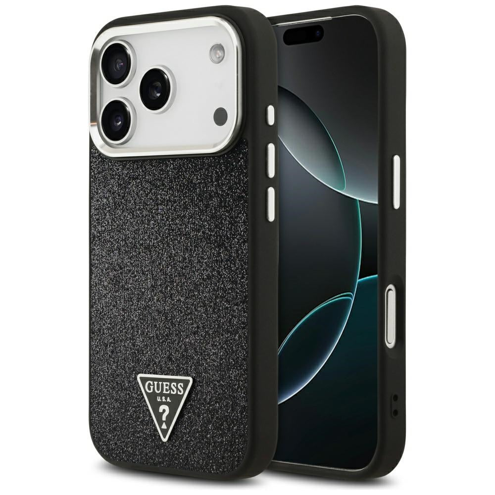 Capa MagSafe para Apple iPhone 17 Pro, Guess, Glitter Triangle Logo, Preta