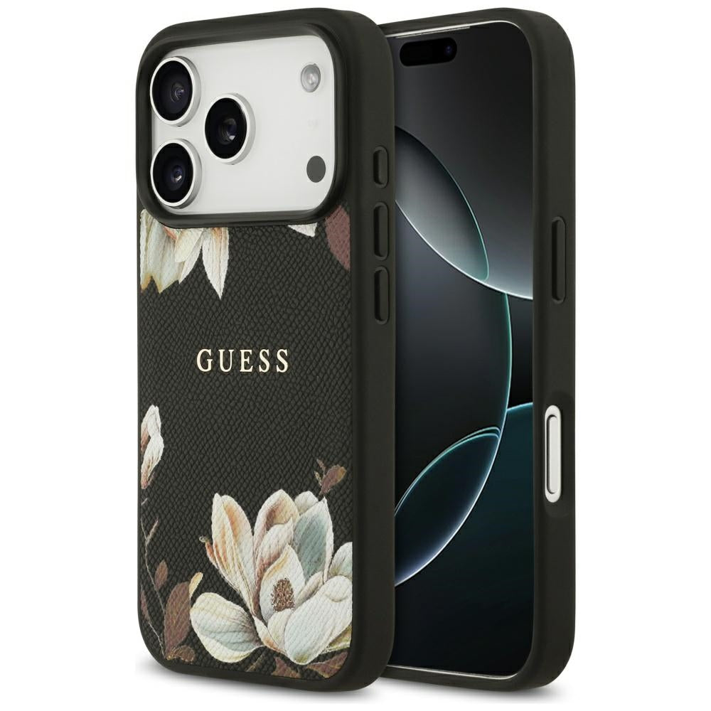 Capa MagSafe para Apple iPhone 17 Pro, Guess, Grained Flowers, Preta