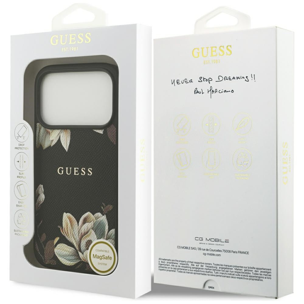 Capa MagSafe para Apple iPhone 17 Pro, Guess, Grained Flowers, Preta