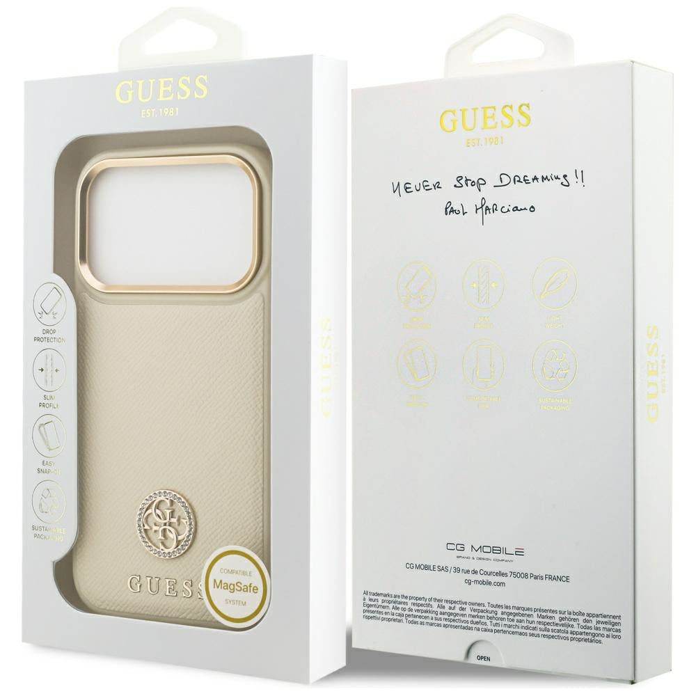 Capa MagSafe para Apple iPhone 17 Pro, Guess, Grained Strass Logo, Bege