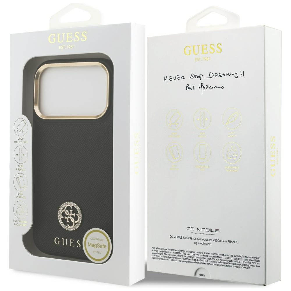 Capa MagSafe para Apple iPhone 17 Pro, Guess, Grained Strass Logo, Preta