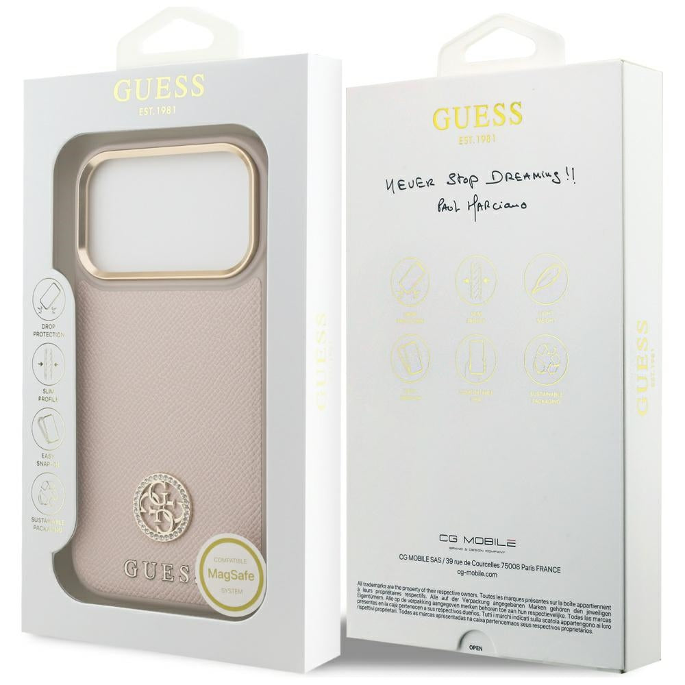 Capa MagSafe para Apple iPhone 17 Pro, Guess, Grained Strass Logo, Rosa