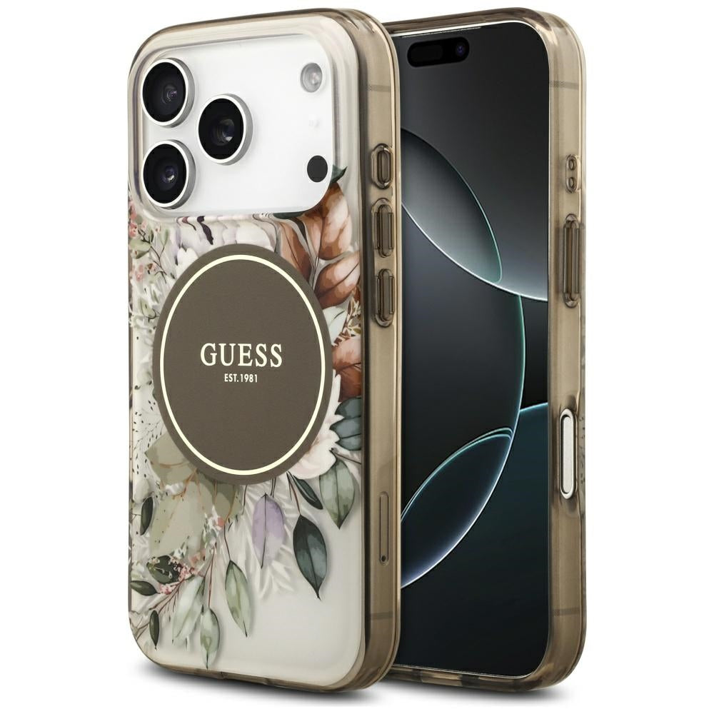 Capa MagSafe para Apple iPhone 17 Pro, Guess, IML Flower and Tonal Circle, Marrom