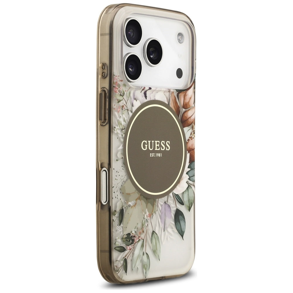 Capa MagSafe para Apple iPhone 17 Pro, Guess, IML Flower and Tonal Circle, Marrom