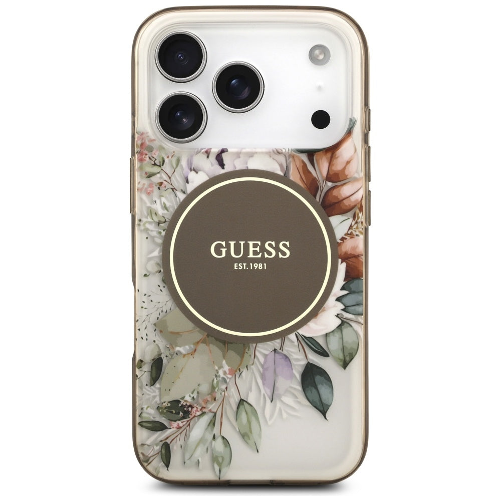 Capa MagSafe para Apple iPhone 17 Pro, Guess, IML Flower and Tonal Circle, Marrom