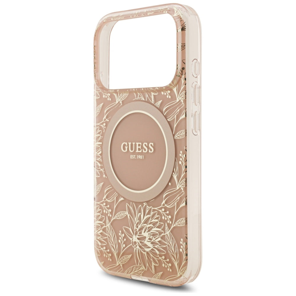 MagSafe Case for Apple iPhone 17 Pro, Guess, IML Flowers Allover Electroplated with Pearl Strap, Pink