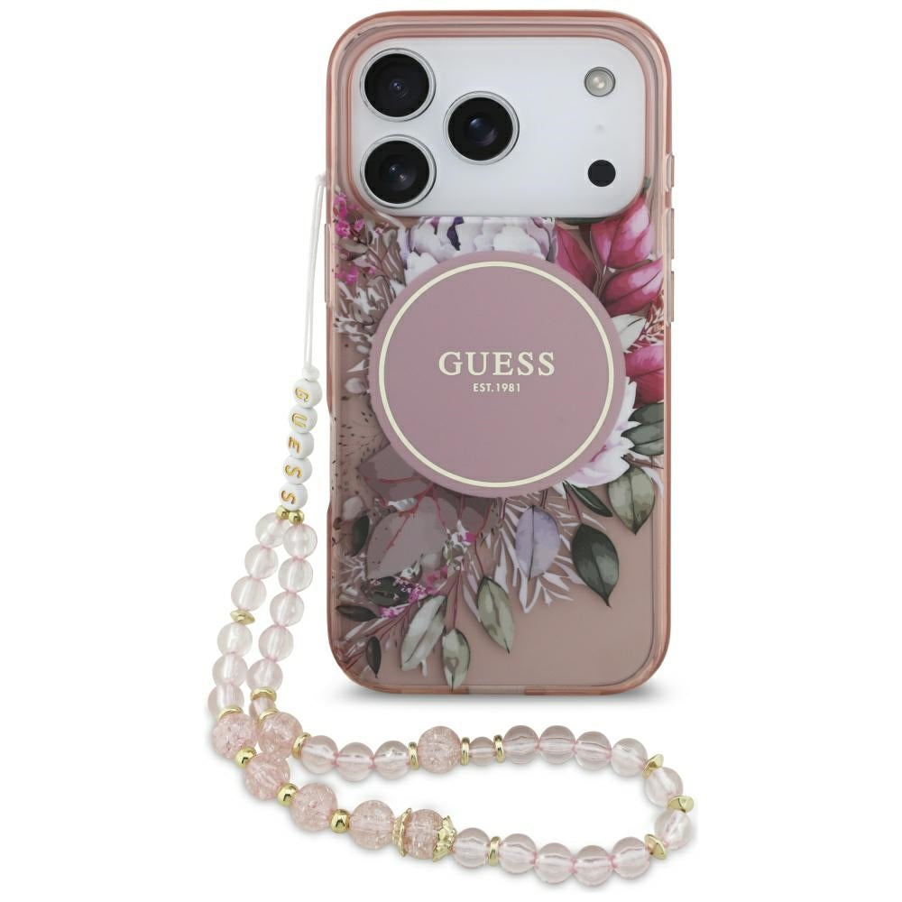 Capa MagSafe para Apple iPhone 17 Pro, Guess, IML Flowers with Pearl Strap, Rosa