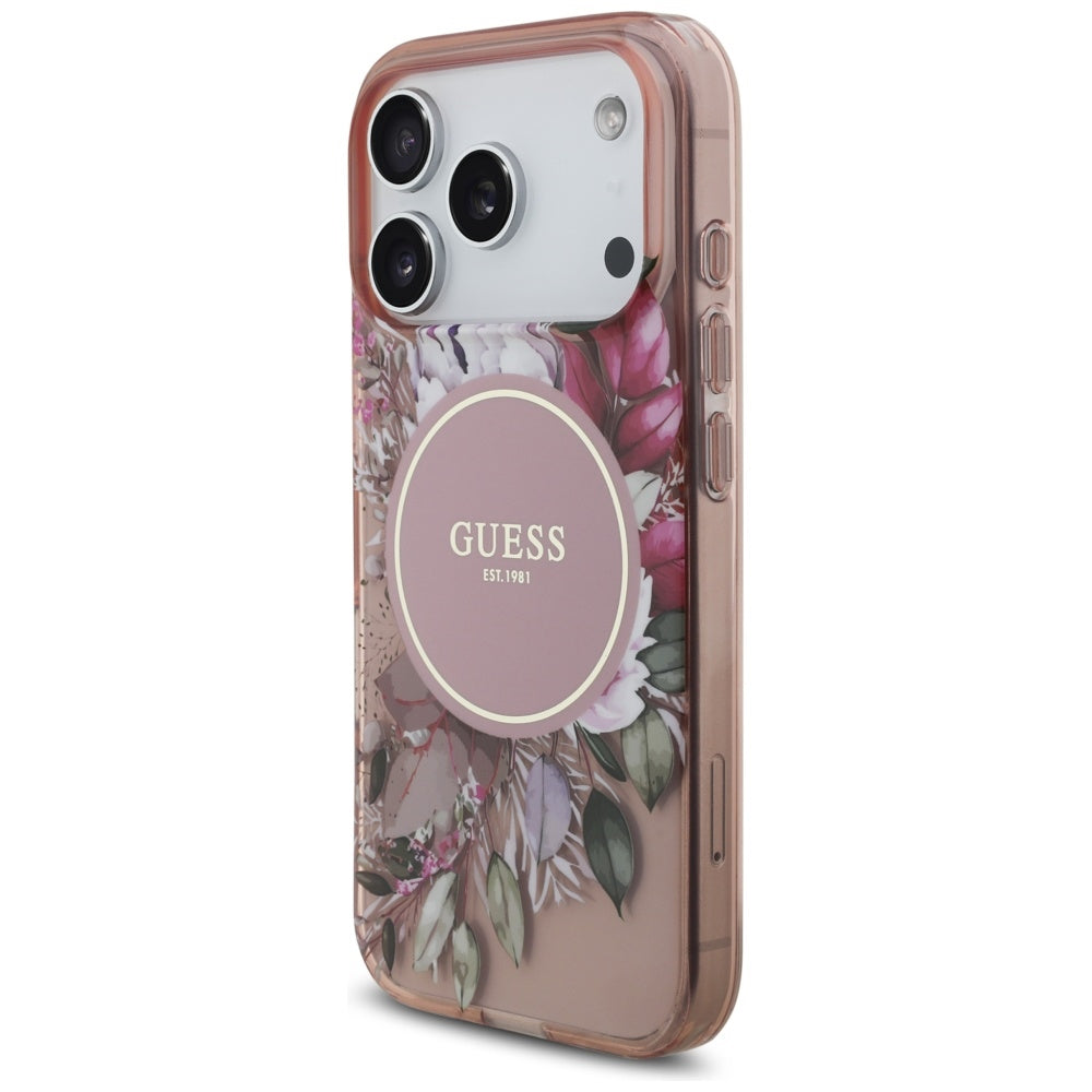 Capa MagSafe para Apple iPhone 17 Pro, Guess, IML Flowers with Pearl Strap, Rosa