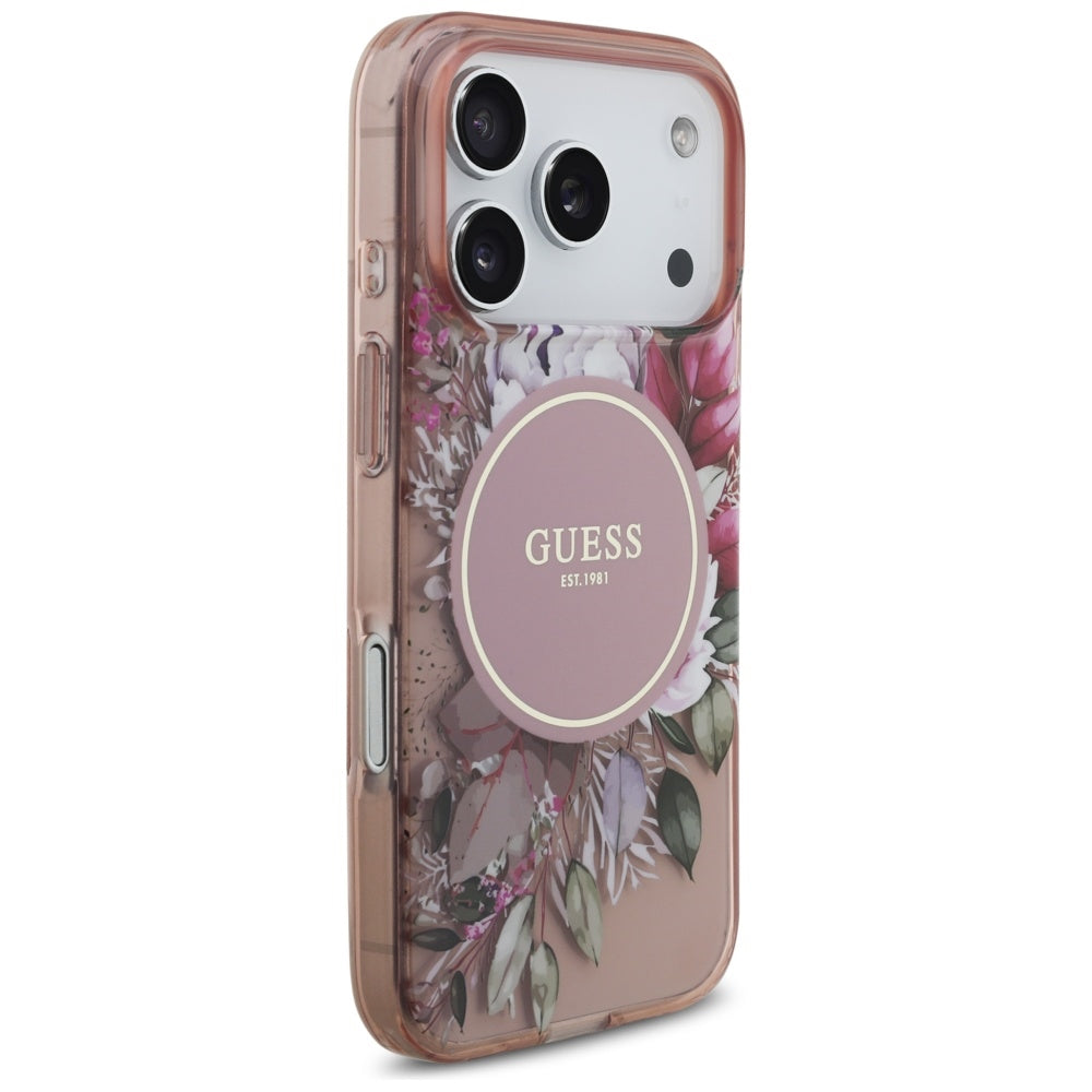 Capa MagSafe para Apple iPhone 17 Pro, Guess, IML Flowers with Pearl Strap, Rosa