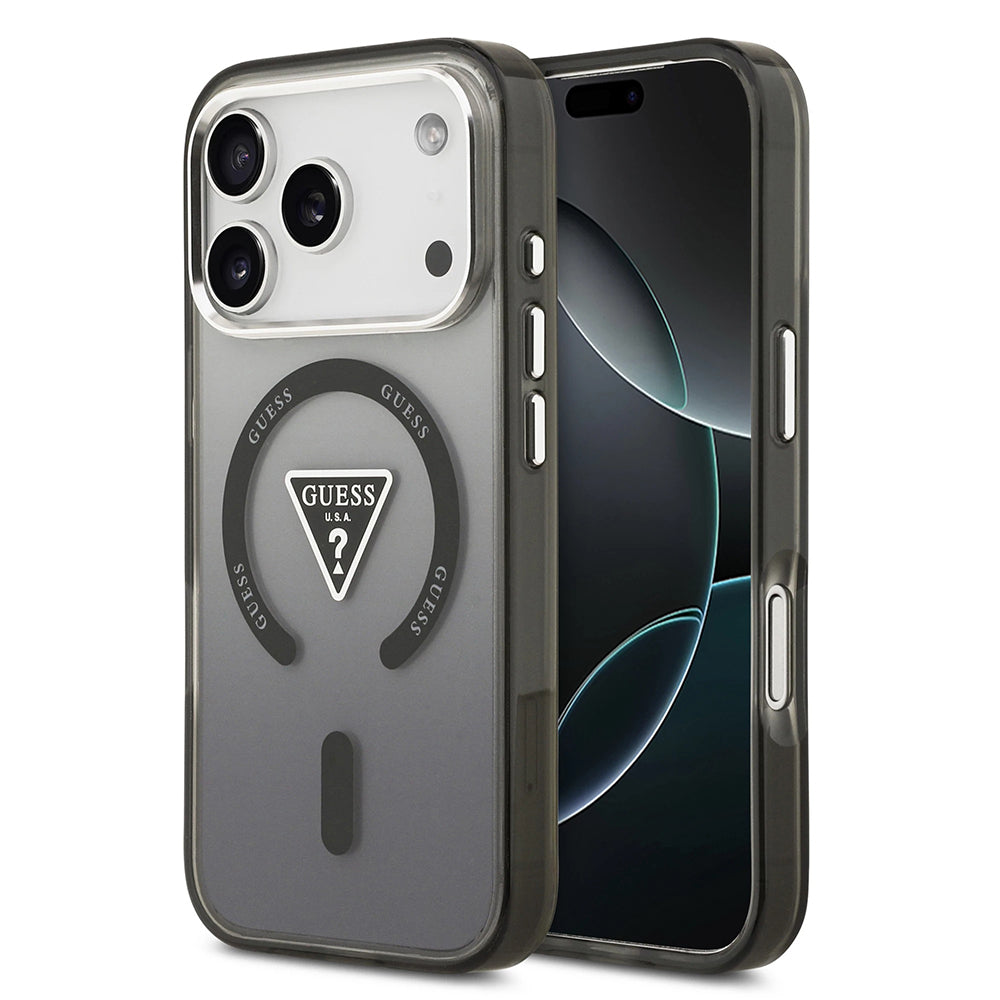 Capa MagSafe para Apple iPhone 17 Pro, Guess, Logo Triângulo Gradiente IML, Preta Prateada